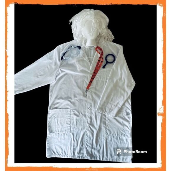 Mad Scientist Einstein Costume White Lab coat wig magnifying glass beaker + - Picture 1 of 9